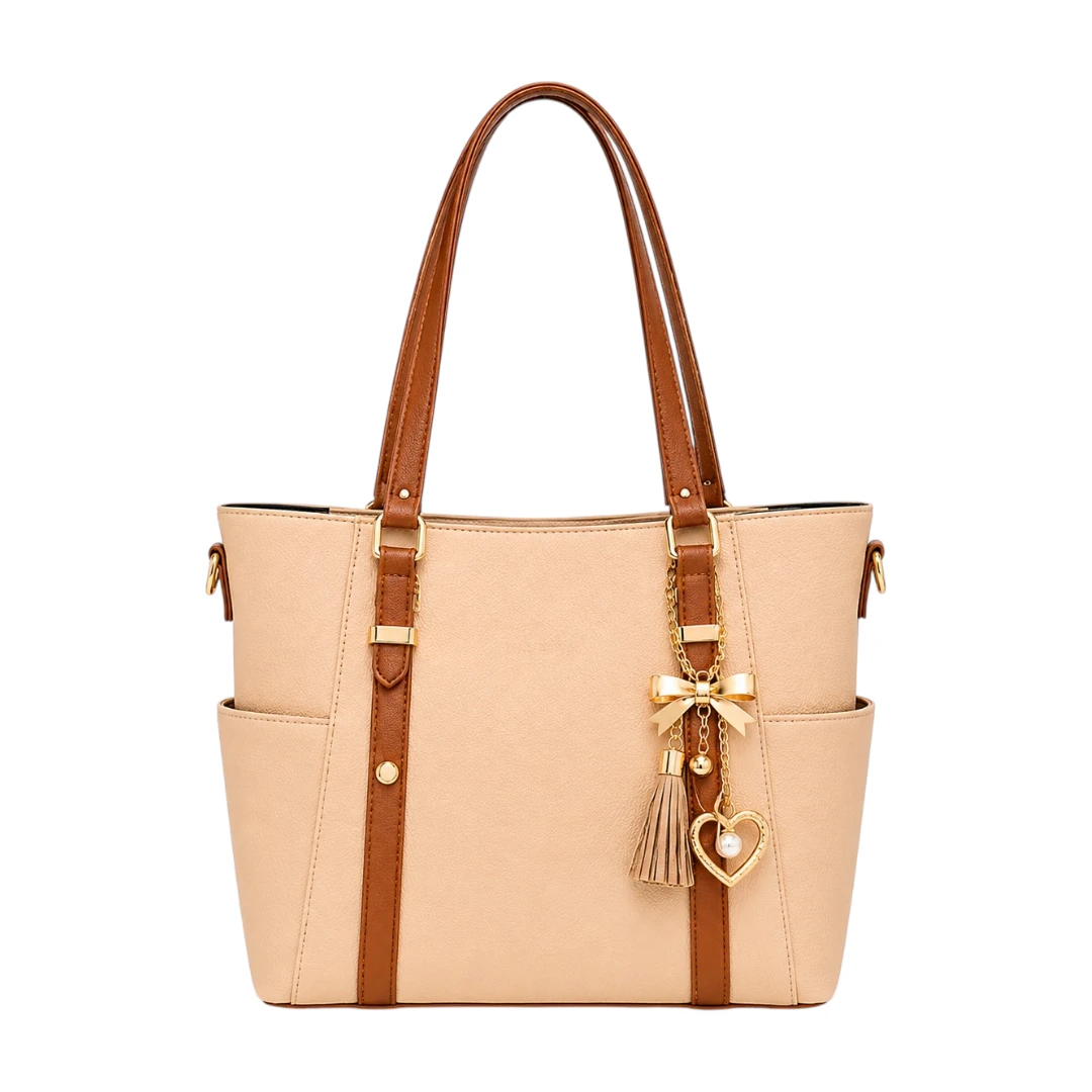 Trendy Tote Beige Charm Shopper Handbag | Elegant Women's Tote Bag